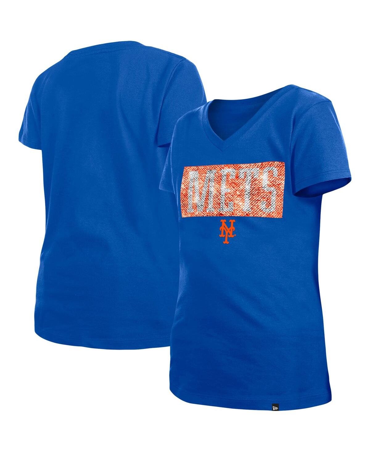 Shop New Era Big Girls  Blue New York Mets Flip Sequin Team V-neck T-shirt