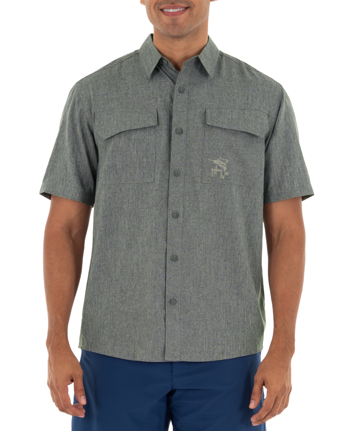 Men's Short Sleeve Heathered Fishing Shirt - Estate Blue