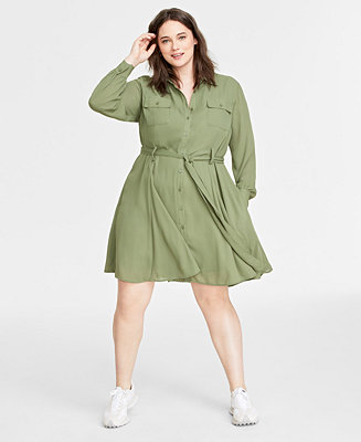 On 34th Plus Size Long-Sleeve Belted Shirtdress, Created for Macy's - Macy's