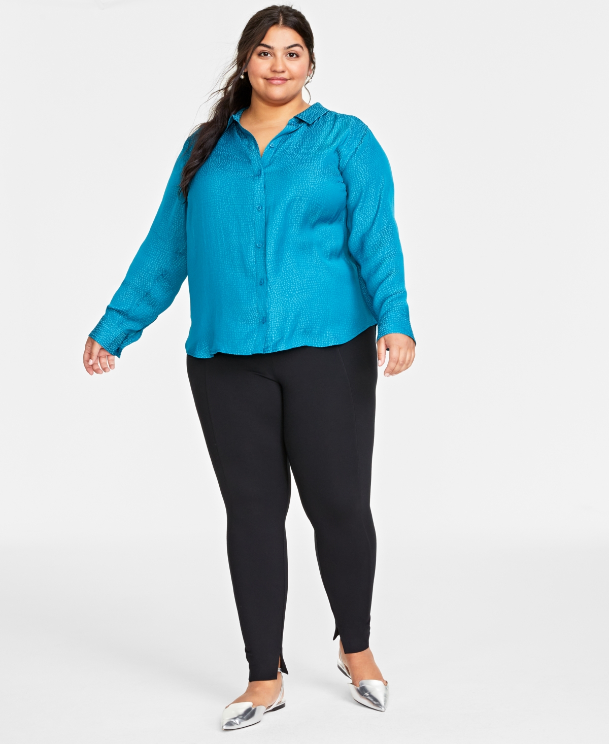 On 34th Plus Size Satin Jacquard Shirt, Created For Macy's In Deep Lagoon
