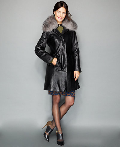 The Fur Vault Fox Fur Collar & Rabbit Fur-Lined Leather Walker Coat