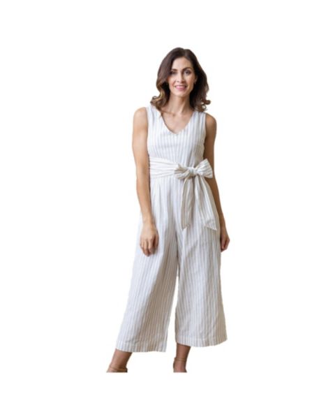 Женский комбинезон Hope & Henry Woven Sleeveless Tie-Waist Jumpsuit with Wide Leg, цвет: Серо-коричневый полосатый