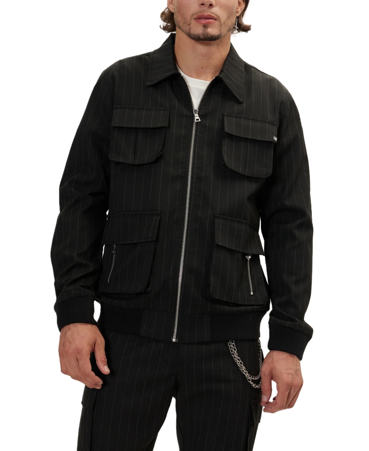 Shop Ron Tomson Men's Modern Pinstriped Cargo Jacket In Black White-