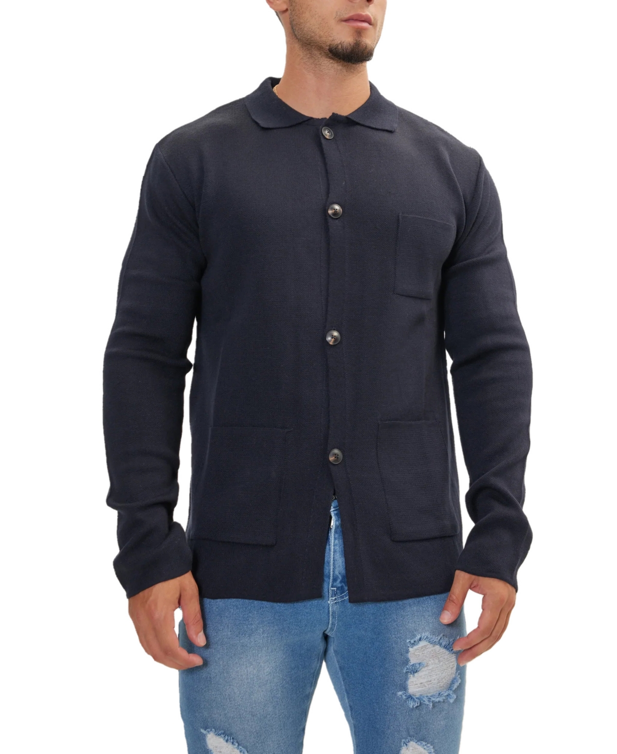 Men's Modern 3-Button Knit Jacket - Navy