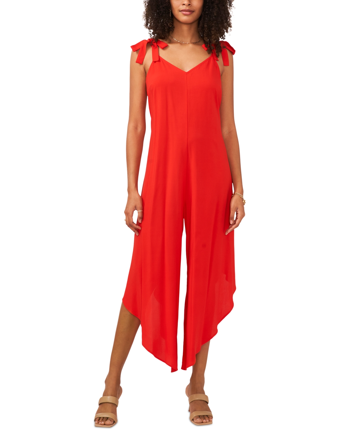 Shop Vince Camuto Women's Solid Tie Shoulder Angled Hem Jumpsuit In Lobster Red