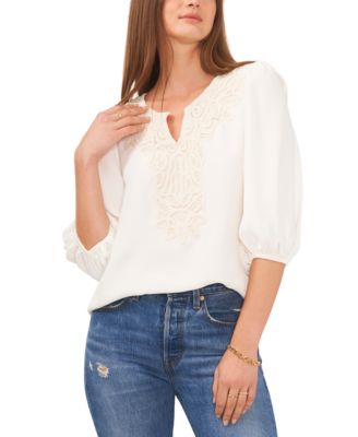 Vince Camuto - Women's Crochet-Bib Puff-Sleeve Blouse