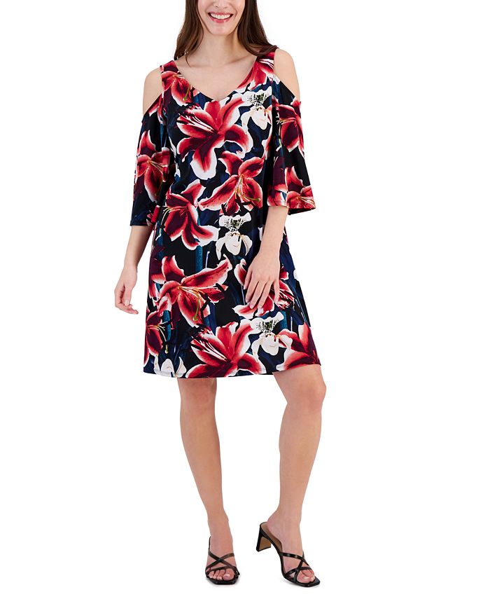Connected Women's Floral-Print Cold-Shoulder Dress - Macy's