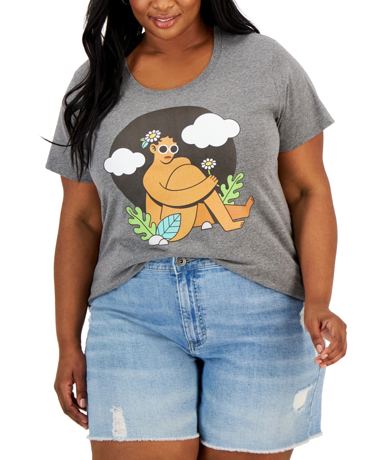 Air Waves Trendy Plus Size Graphic-print T-shirt In Heather Grey