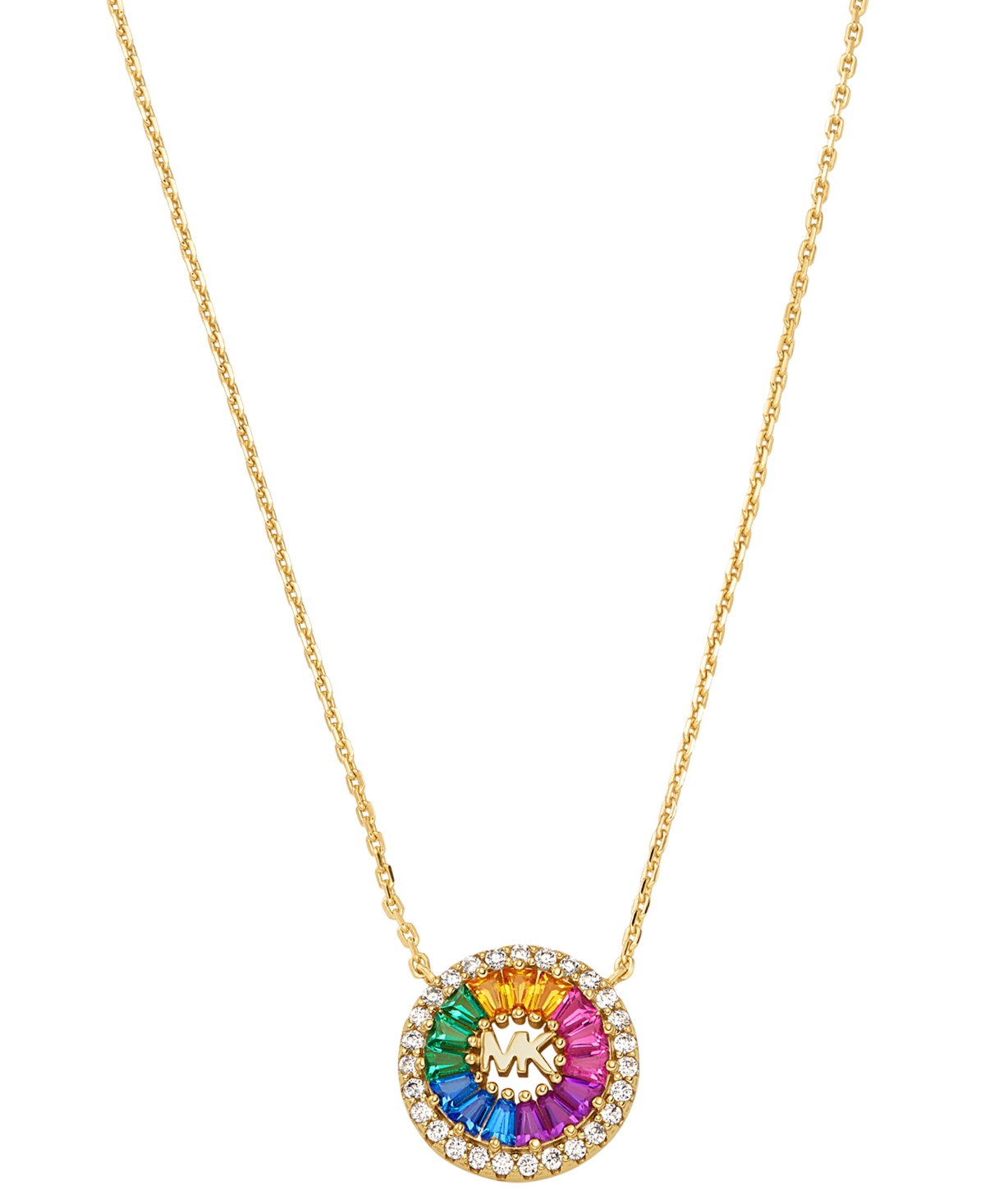 Michael Kors 14k Gold-plated Sterling Silver Rainbow Cubic Zirconia Tapered Baguette And Pave Pendant Necklace