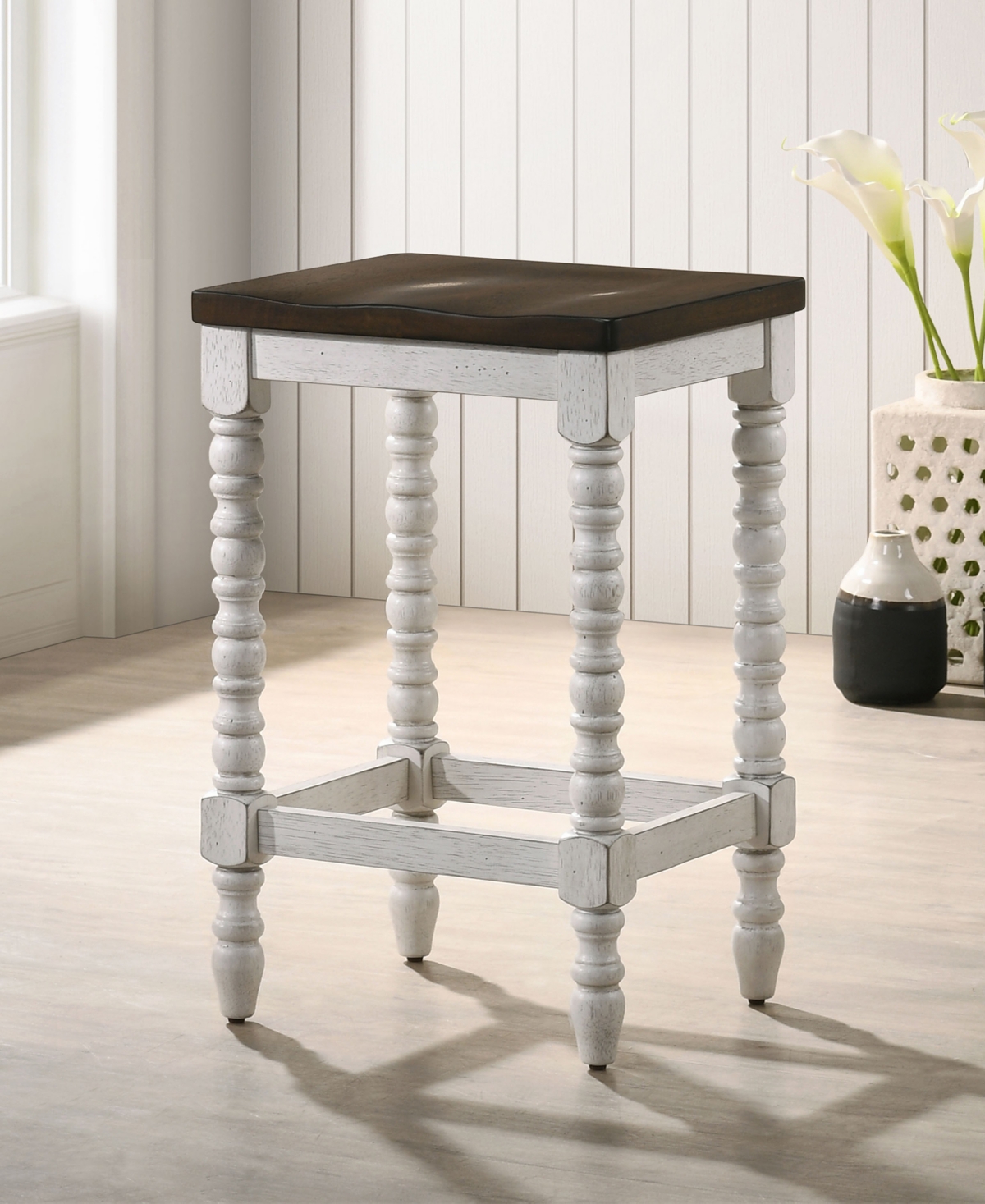 Furniture of America Hollia Farmhouse 2 Piece Solid Wood Counter Height Stools Set - Dark Walnut and Antique-Like White