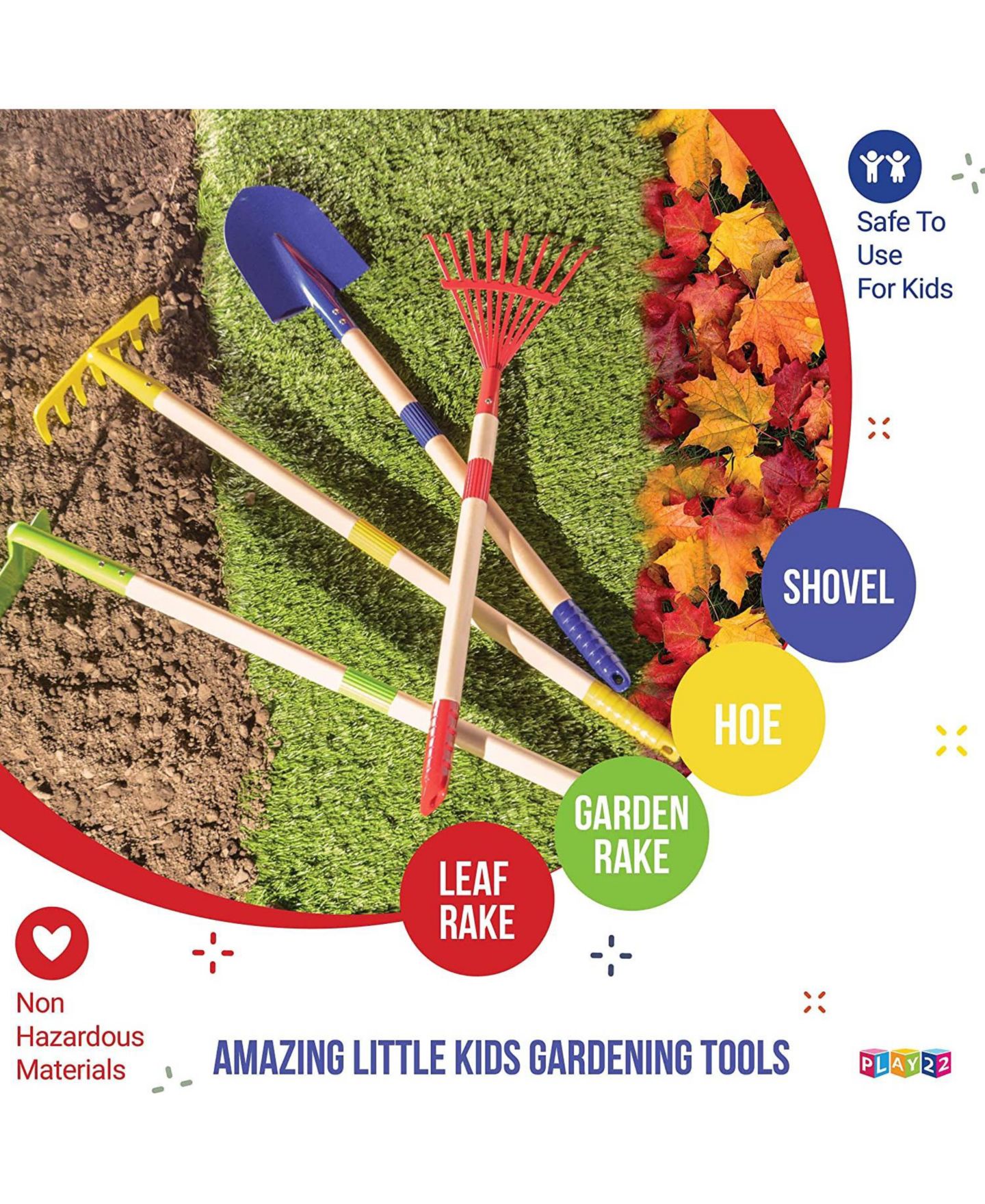 Детские игрушки Play22usa Garden Tool Set Toy 4-Piece - Shovel, Rake, Hoe, Leaf Rake — фото 2