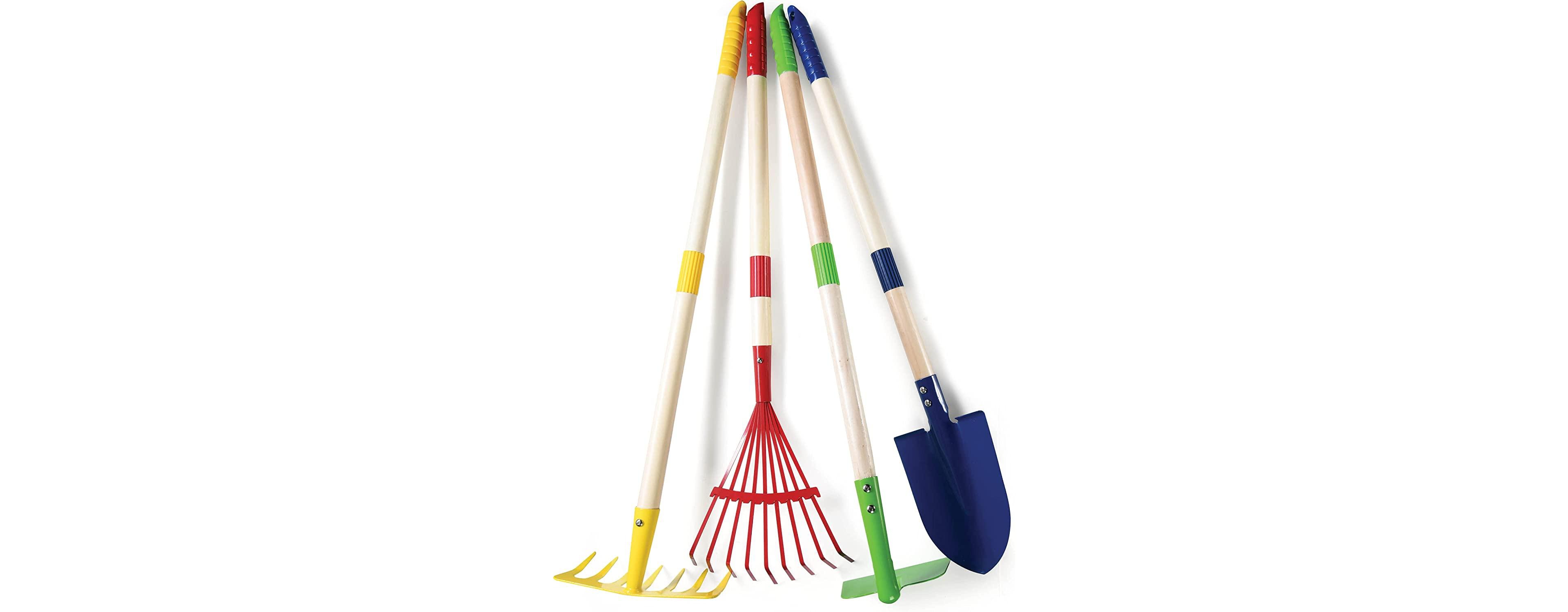 Play22usa Garden Tool Set Toy 4-Piece - Shovel, Rake, Hoe, Leaf Rake