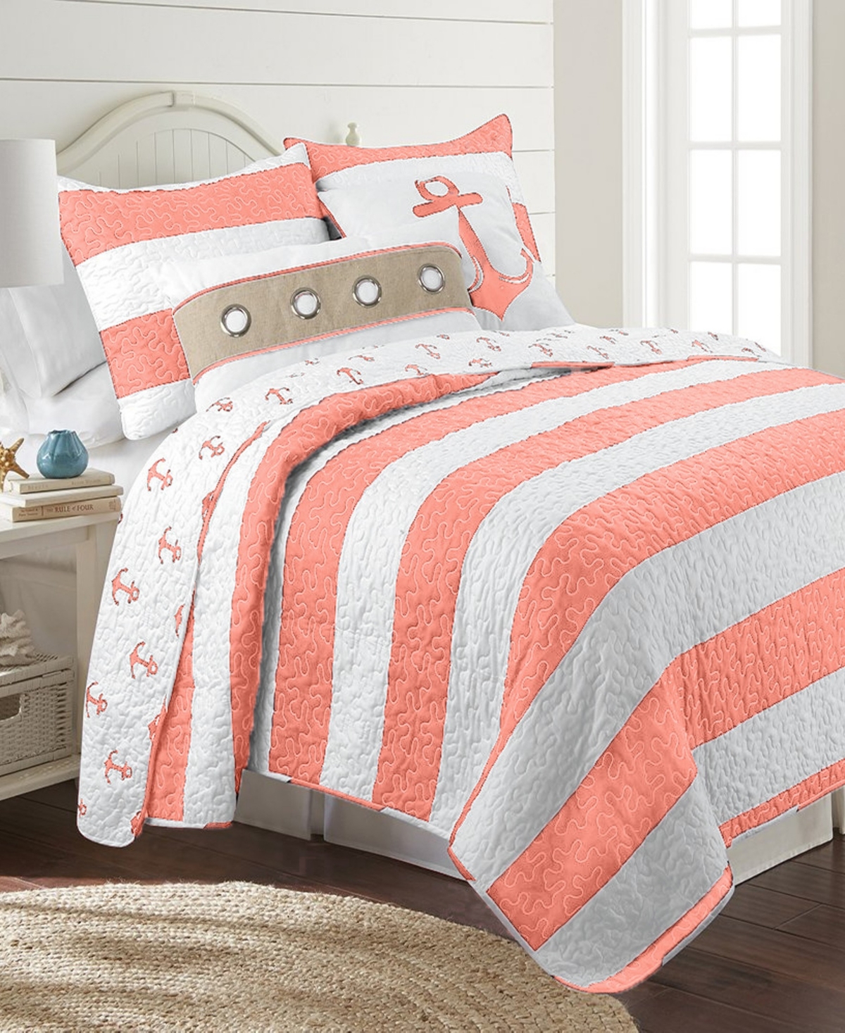 Elise And James Home Hallie Nautical Reversible 3-piece Quilt Set, King In Coral
