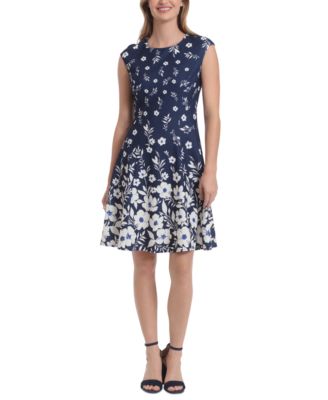 London Times - Petite Border-Print Scuba Crepe Dress