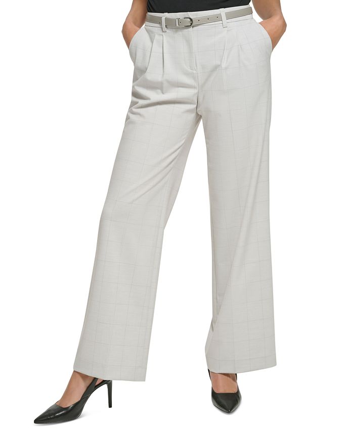 Calvin Klein Petite Windowpane-Print Wide-Leg Pants - Macy's