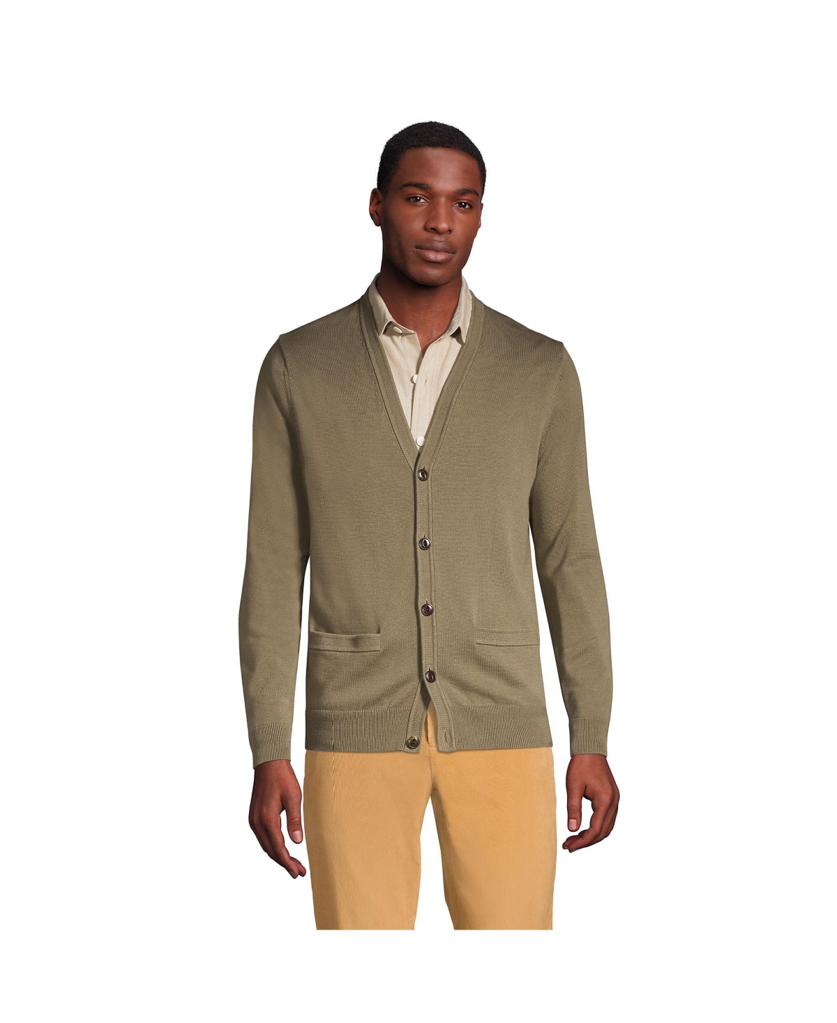Lands End Men s Fine Gauge Supima Cotton V Neck Cardigan Sweater Forest moss Smart Closet