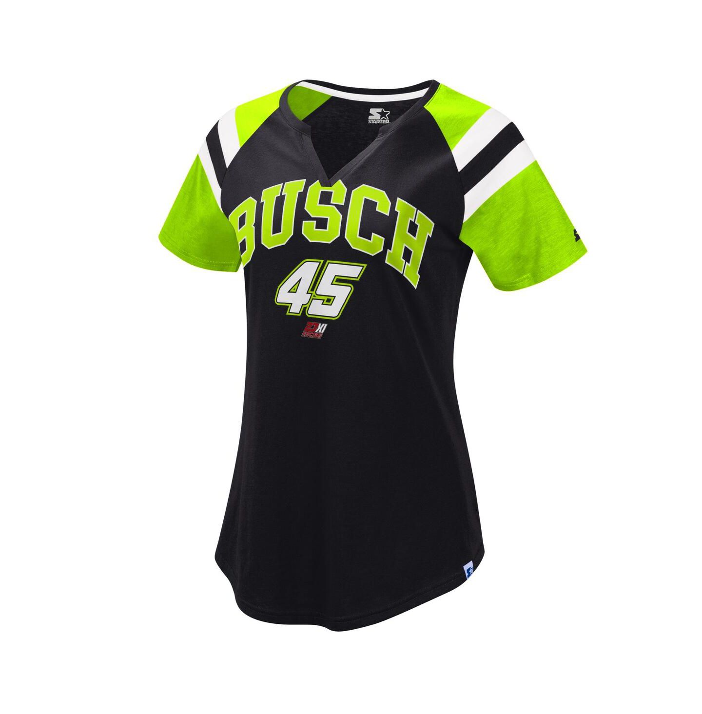 Женская футболка Starter Black, Green Kurt Busch Game On Notch V-Neck — фото 1