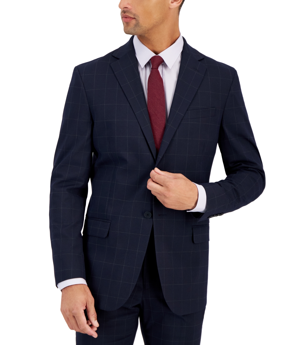 Dkny Mens Modern Fit Dark Blue Windowpane Suit