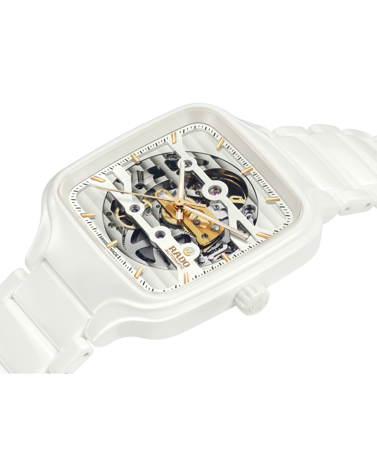 Rado Unisex Swiss Automatic True Square Skeleton White High-tech Ceramic Bracelet Watch 38mm In White