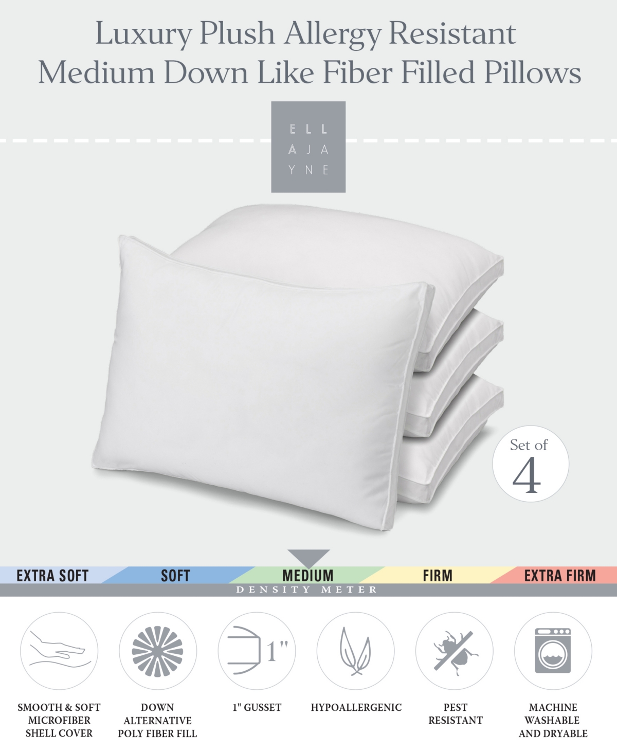Plush Allergy Resistant Medium Down Like Fiber Filled Pillow - Set of Four -
