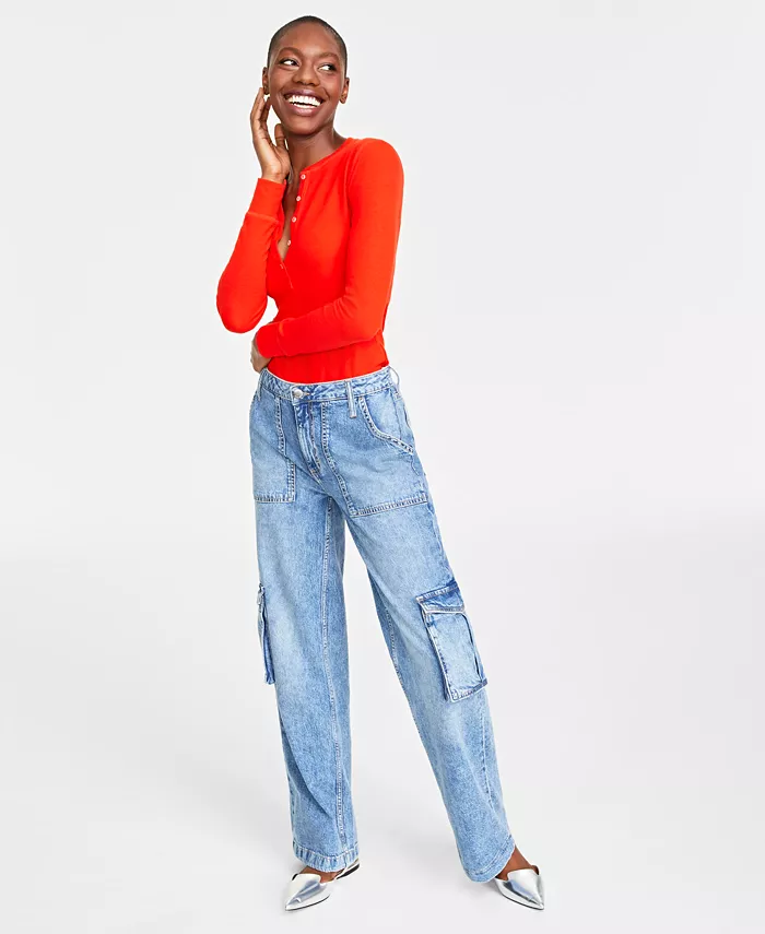 Women's Light Wash High Rise Utility Cargo Jeans - thumbnail 5