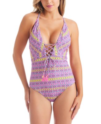 Jessica Simpson Women s Shine Bright Lace Up One Piece Swimsuit Macy s