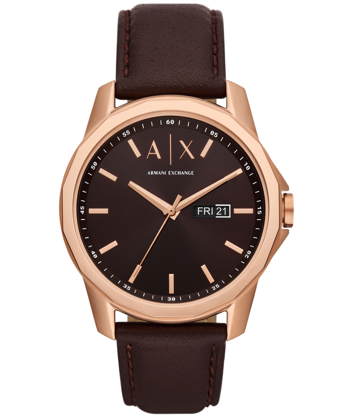 A X Armani Exchange Men's Three-hand Day-date Quartz Brown Leather Watch 44mm