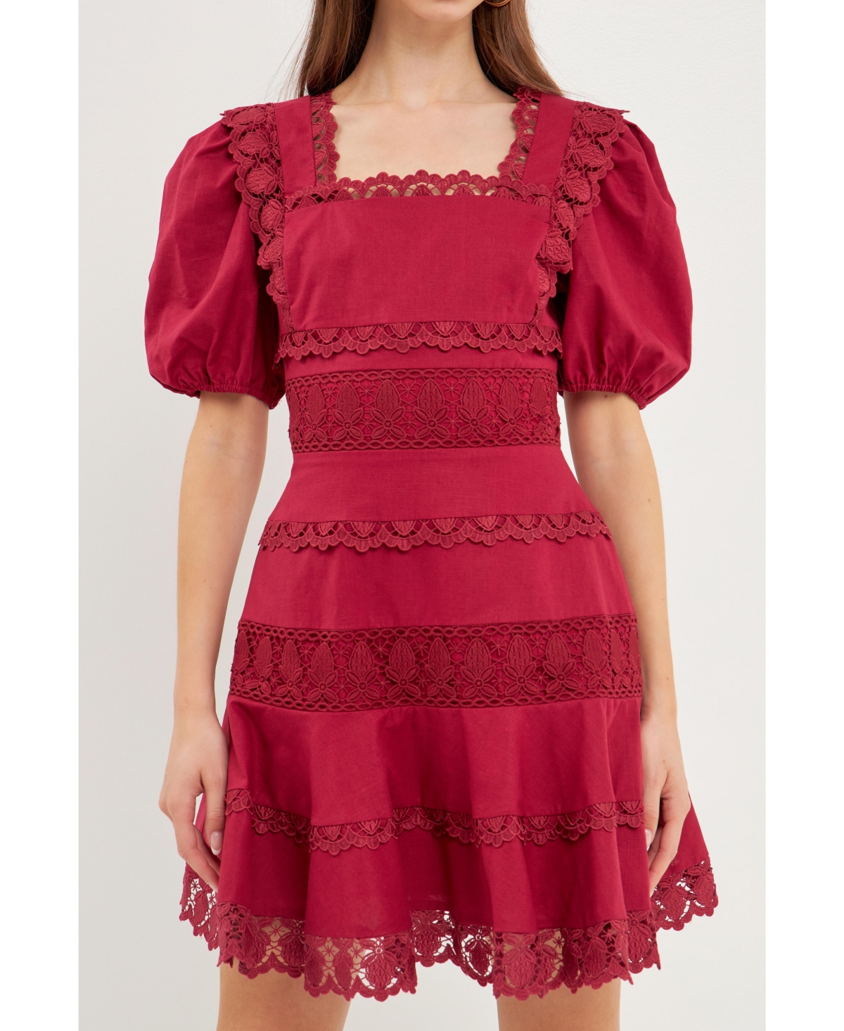Endless Rose Lace Puff Sleeve Cotton & Linen Minidress In Berry