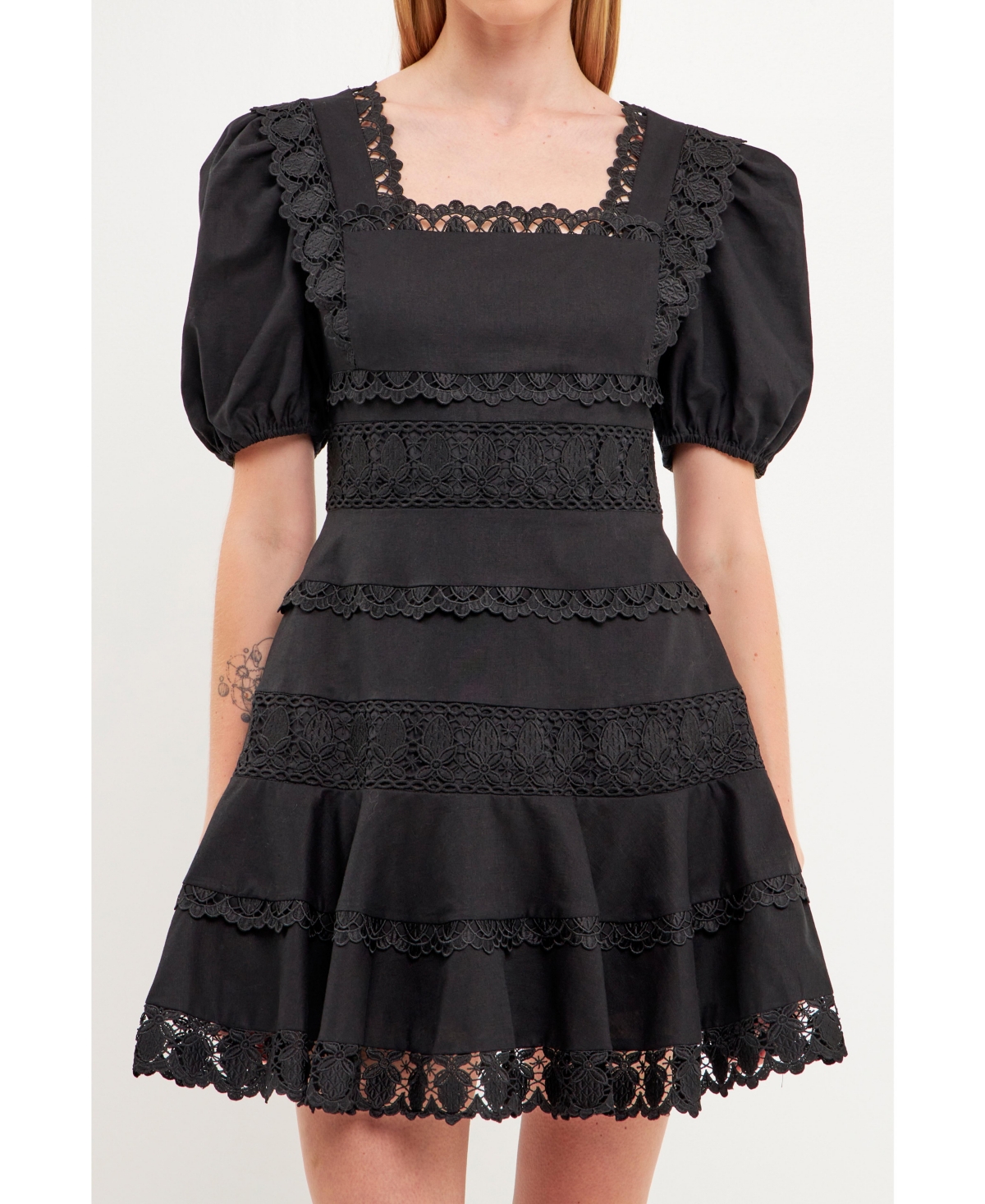 Endless Rose Lace Puff Sleeve Cotton & Linen Minidress In Black