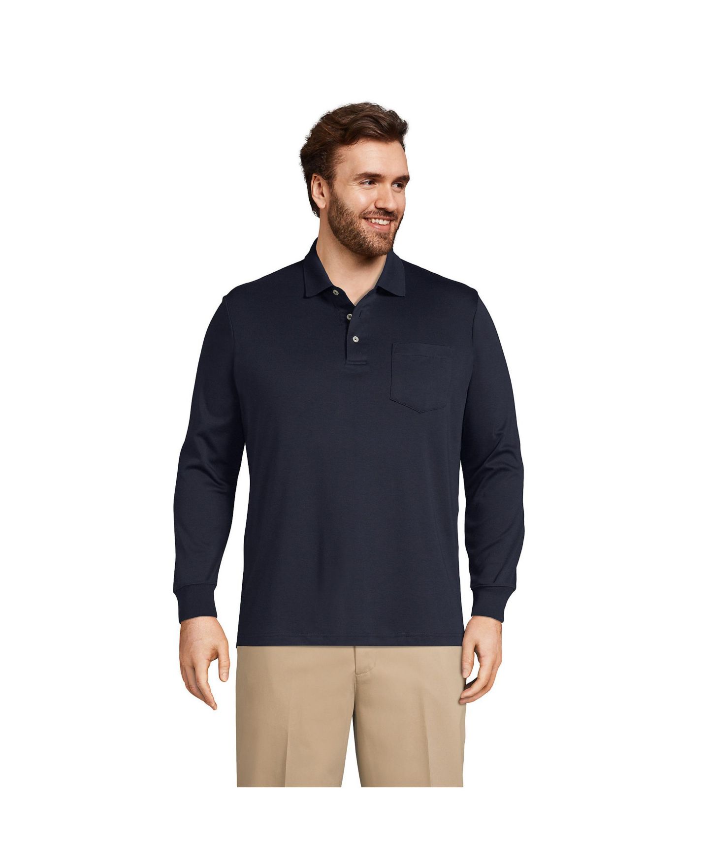 Мужское поло Lands' End Long Sleeve Cotton Supima Polo with Pocket, цвет: Тёмно-синий — фото 1