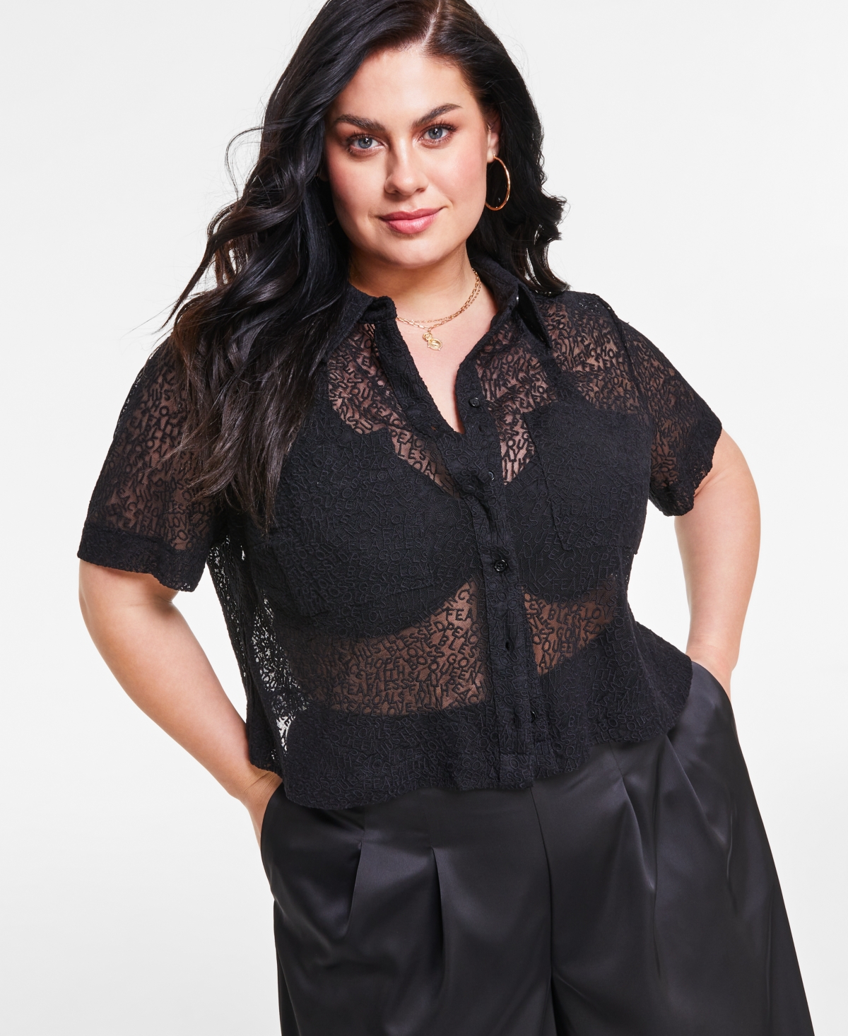 Nina Parker Trendy Plus Size Embroidered Mesh Top In Black Beauty