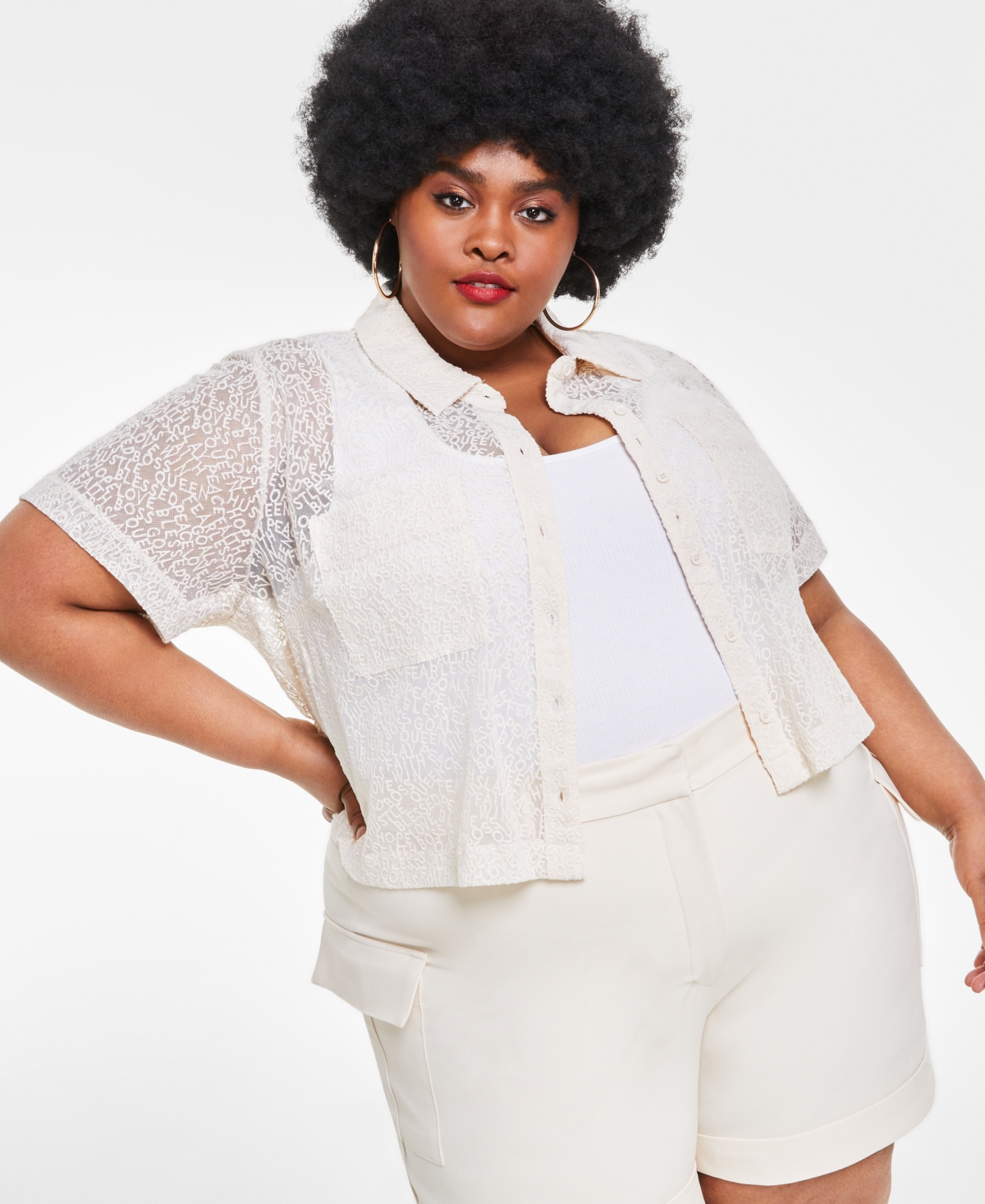 Nina Parker Trendy Plus Size Embroidered Mesh Top In Oat Latte