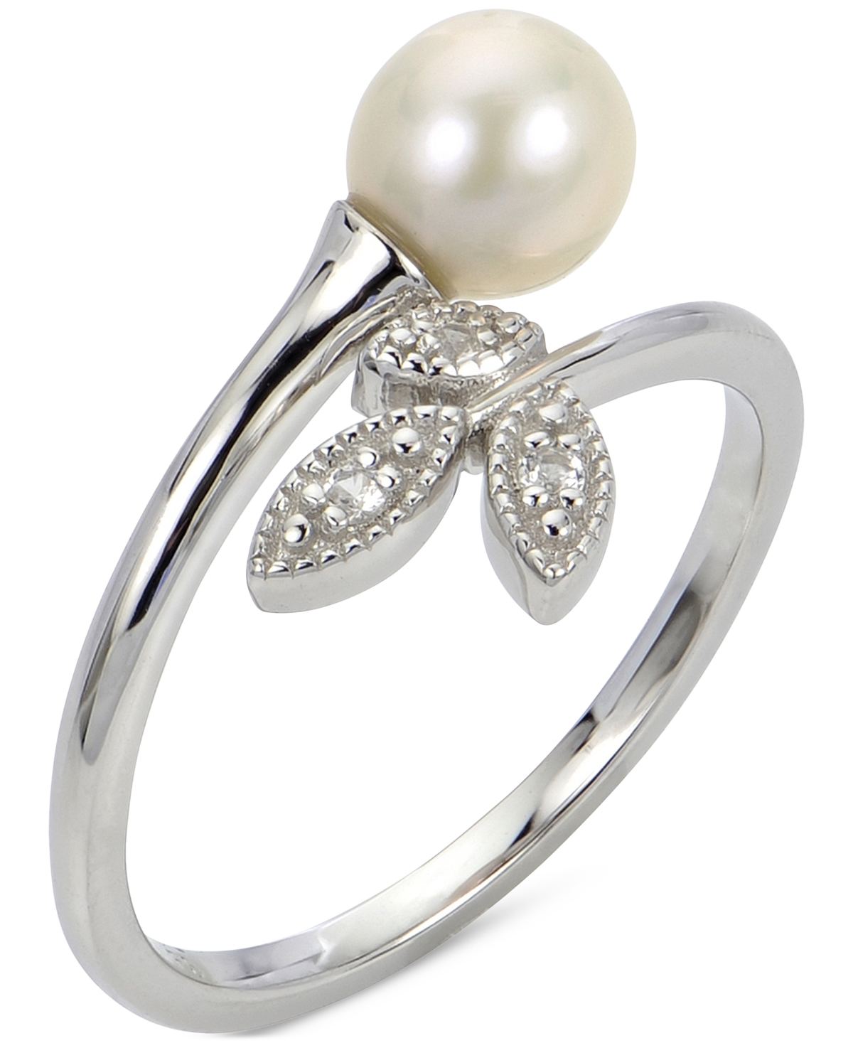 Cultured Freshwater Pearl (6mm) & Lab-Created White Sapphire (1/20 ct. t.w.) Bypass Ring in Sterling Silver - Sterling Silver