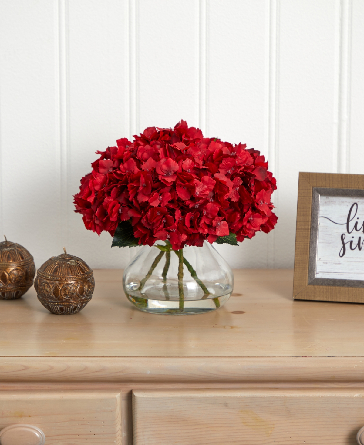 Nearly Natural 8.5" H Red Hydrangea Silk Flower Arrangement w/ Glass Vase