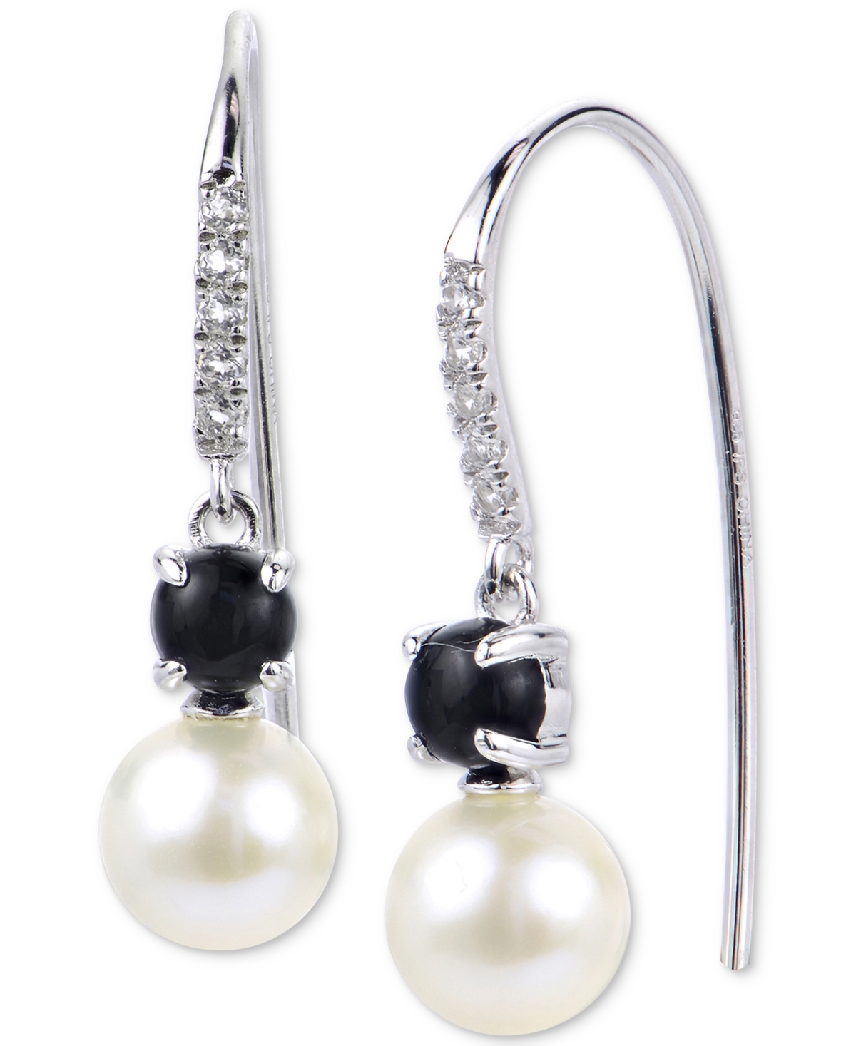 Macy's Cultured Freshwater Pearl (6 1/2mm), Onyx, & Lab-grown White Sapphire (1/10 Ct. T.w.) Drop Earrings In Sterling Silver