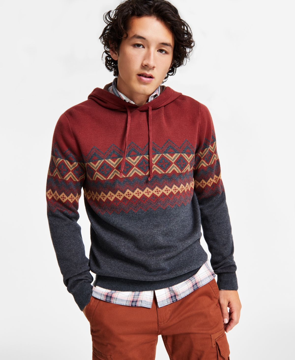 Sun + Stone Men's Fair Isle Pullover Hoodie Sweater, Created For Macy's In Burnt Red