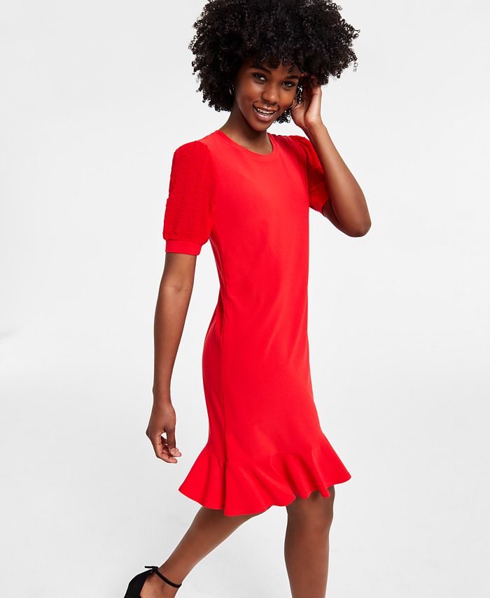 CeCe Women's Mixed-Media Puffed Clip Dot Sleeve Dress - Macy's