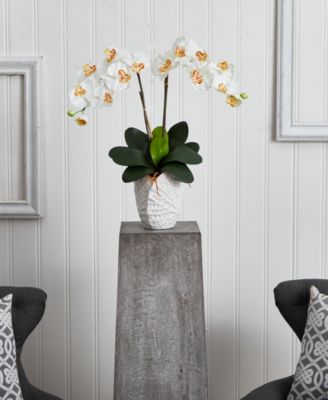 Double Phalaenopsis Orchid Artificial Arrangement in White Ceramic Vase