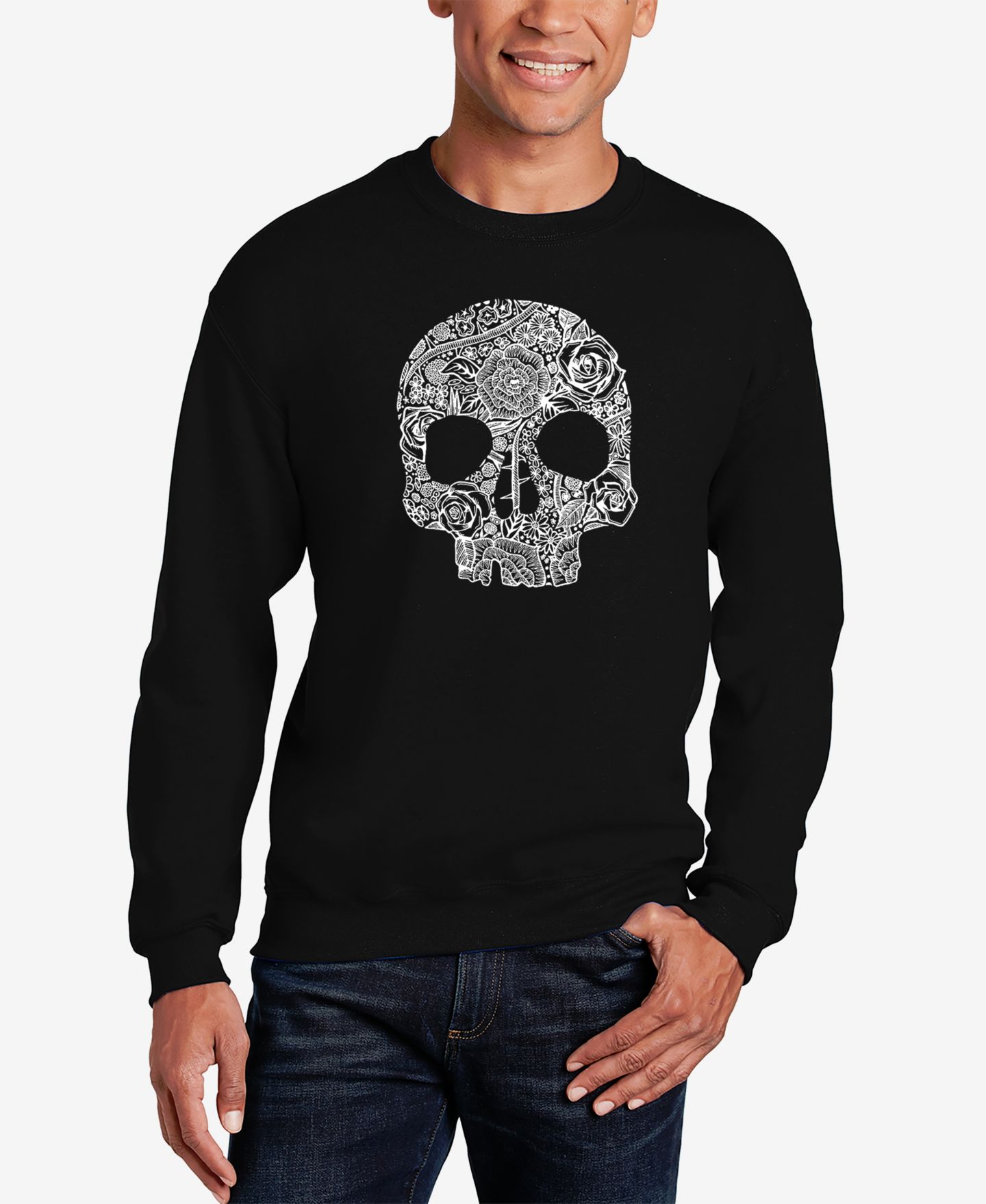 Мужской свитшот LA Pop Art Word Art Flower Skull с круглым вырезом, цвет: Чёрный — фото 1