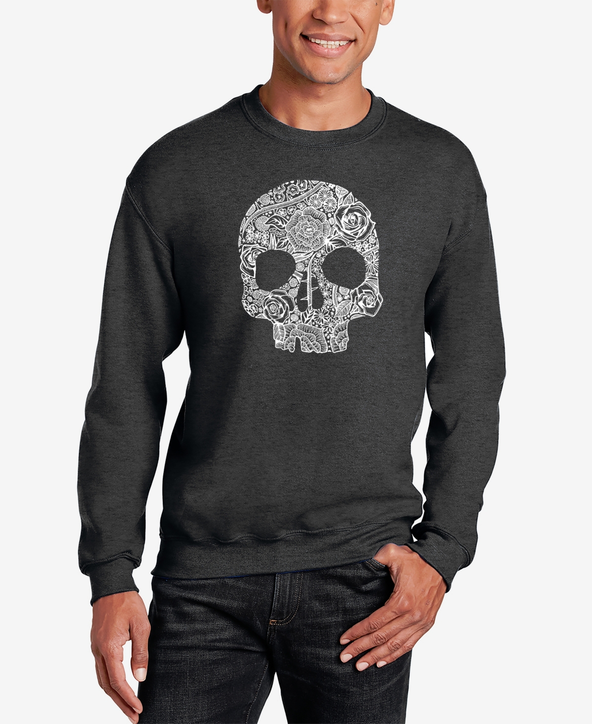 La Pop Art Men's Rock N Roll Skull Word Art Crewneck Sweatshirt In Dark Gray