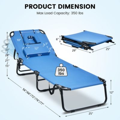 Beach Chaise Lounge Chair with Face Hole Pillows & 5-Position Adjustable Backrest