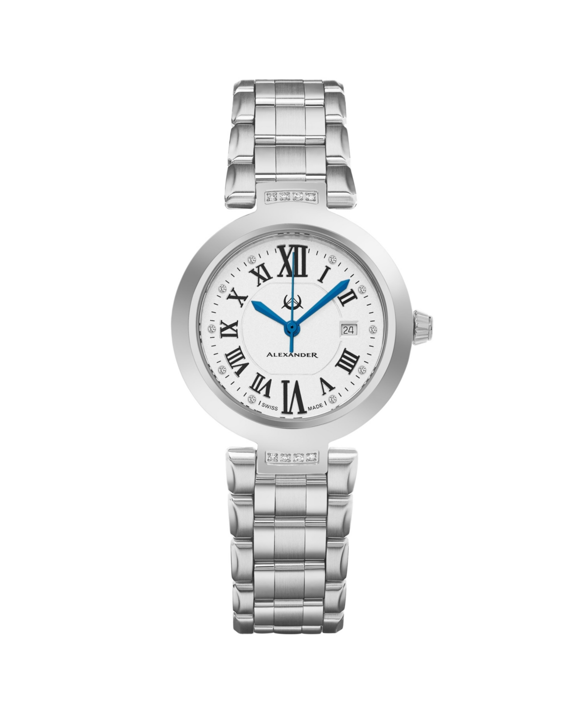 Ladies Quartz Date Watch with Stainless Steel Case on Stainless Steel Bracelet, Silver Diamond Dial - Silver-tone