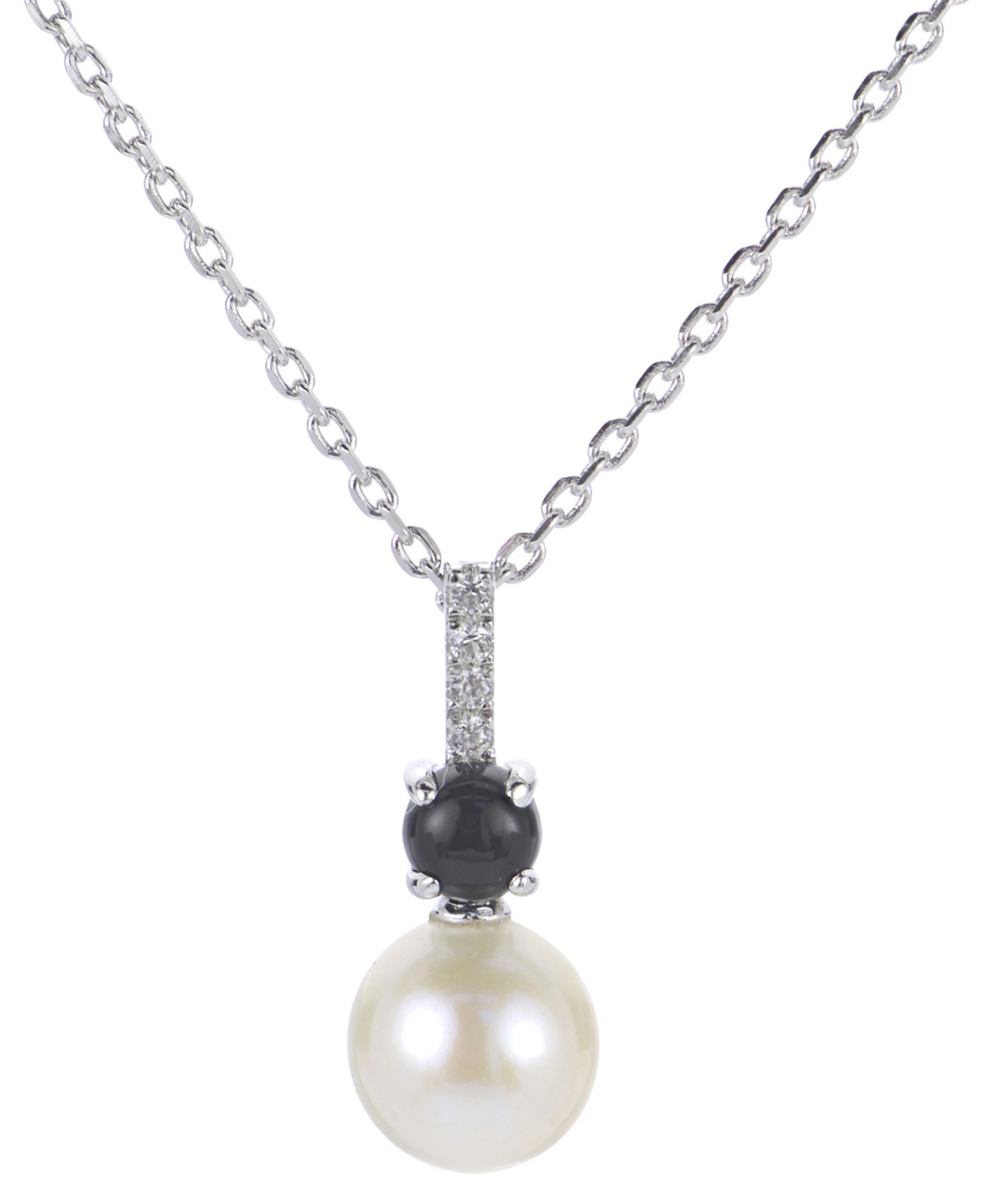 Macy's Cultured Freshwater Pearl (7 1/2mm), Onyx & Lab-created White Sapphire (1/20 Ct. T.w.) 18" Pendant N In Sterling Silver