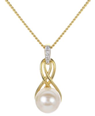 Macy's - Cultured Freshwater Pearl (8mm) & Lab-Created White Sapphire Accent Twist 18" Pendant Necklace in 14k Gold-Plated Sterling Silver