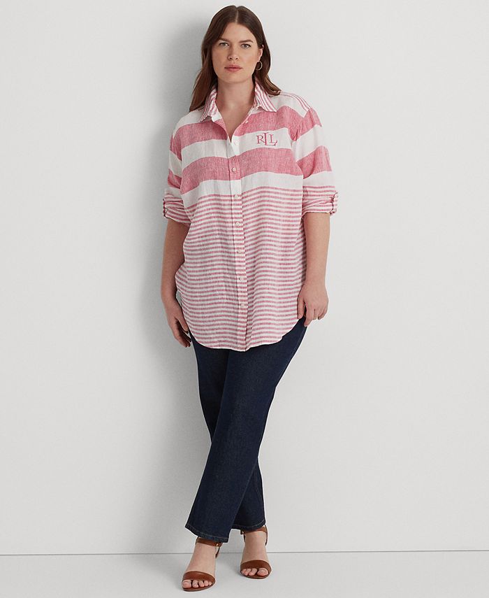 Lauren Ralph Lauren Plus Size Striped RollTab Linen Shirt & Reviews