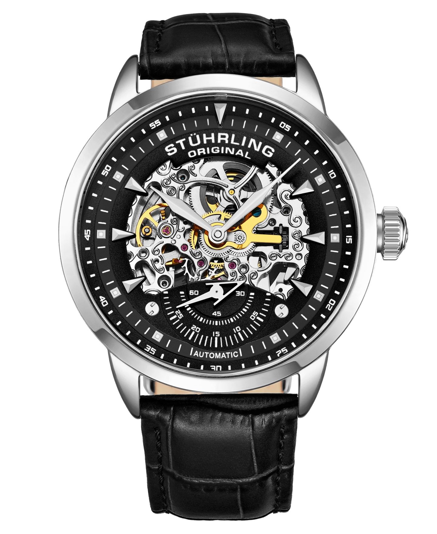 Мужские часы Stuhrling Legacy Black Leather, Black Dial, 44mm Round — фото 1
