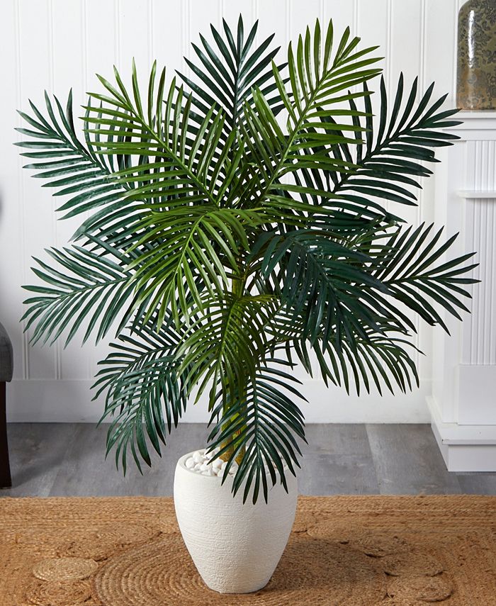 Nearly Natural 4.5' Golden Cane Palm Artificial Tree in White Oval
