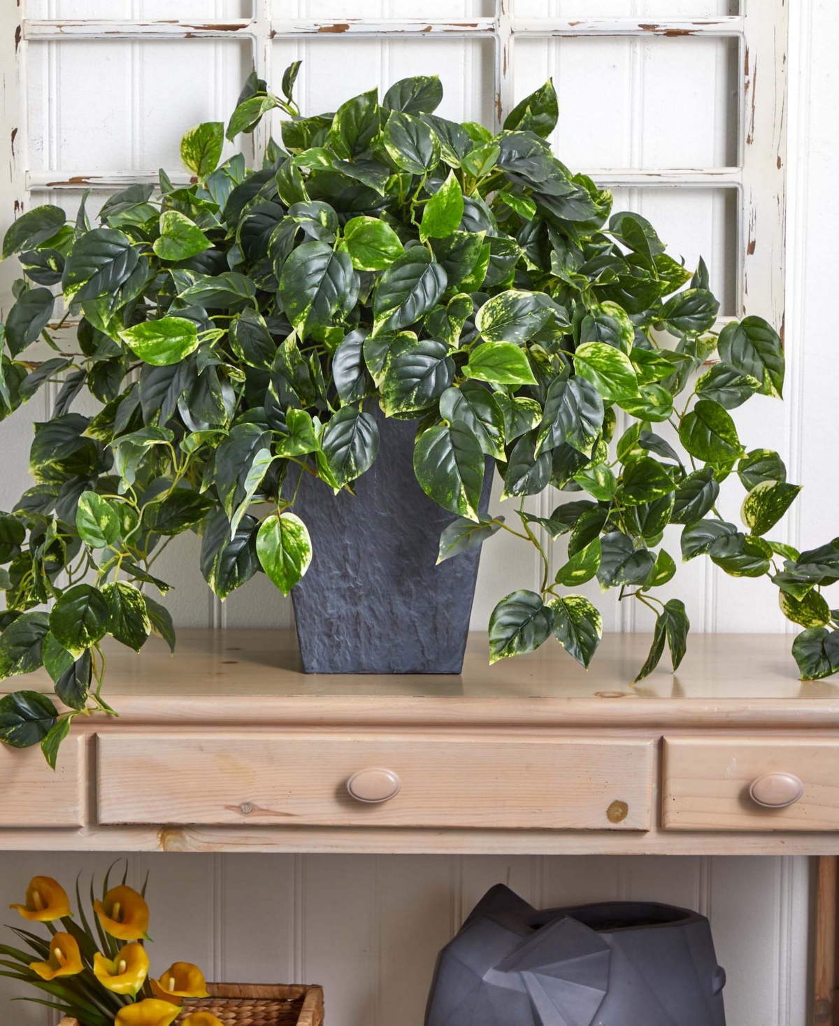 NEARLY NATURAL HANGING POTHOS W/ SLATE PLANTER UV RESISTANT 