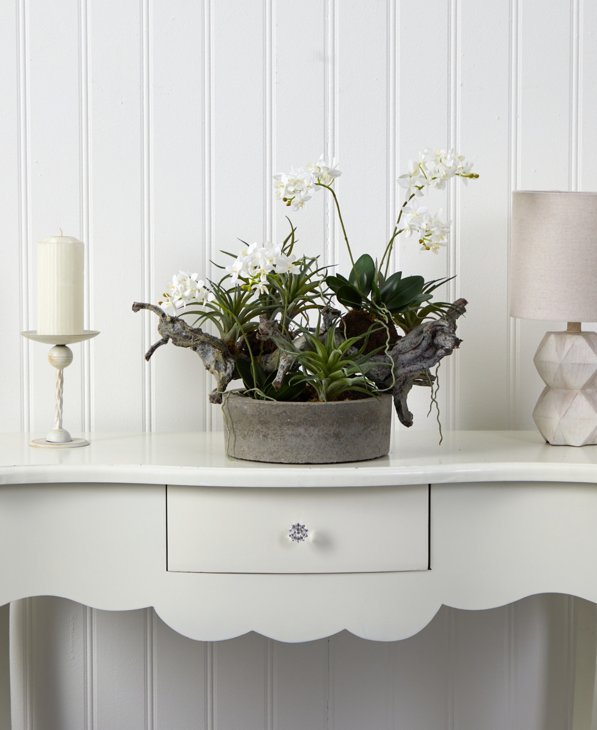 NEARLY NATURAL ORCHID AND SUCCULENT GARDEN W/ DRIFTWOOD AND DECORATIVE VASE 