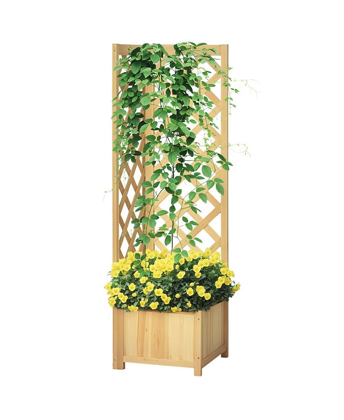 Outsunny Wooden Planter with Trellis, Rustic Corner Raised Garden Bed